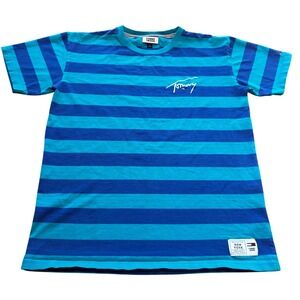 Tommy Jeans 90s style Retro New York Blue Teal Striped T Shirt Mens L